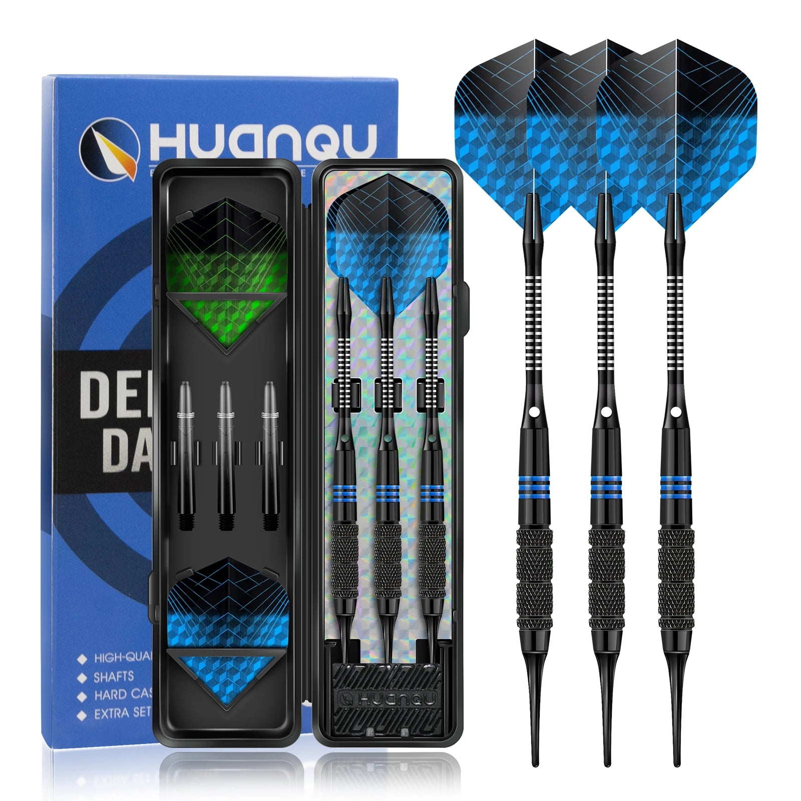 Huanqu Professional 16g Iron Dart Set, Safe Soft-Tipped Darts, Comes with Blue and Green Dart Wings, Includes Extra - Image 1