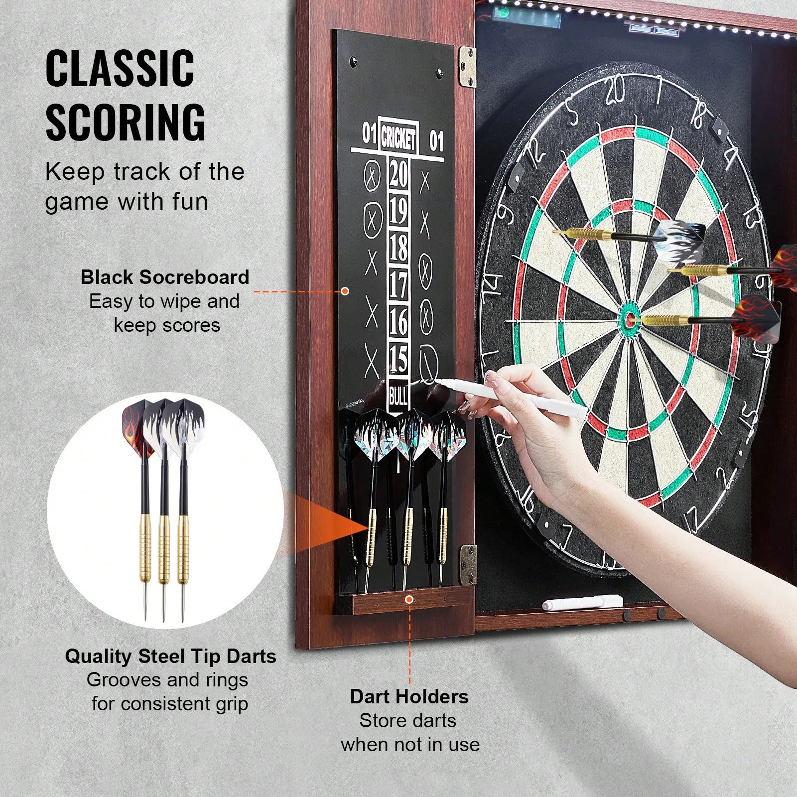 Dartboard And Cabinet Set, Ready-To-Play Bundle Official Size Dartboard Cabinet, Steel Tip Dart Hideaway Cabinet, F - Image 4