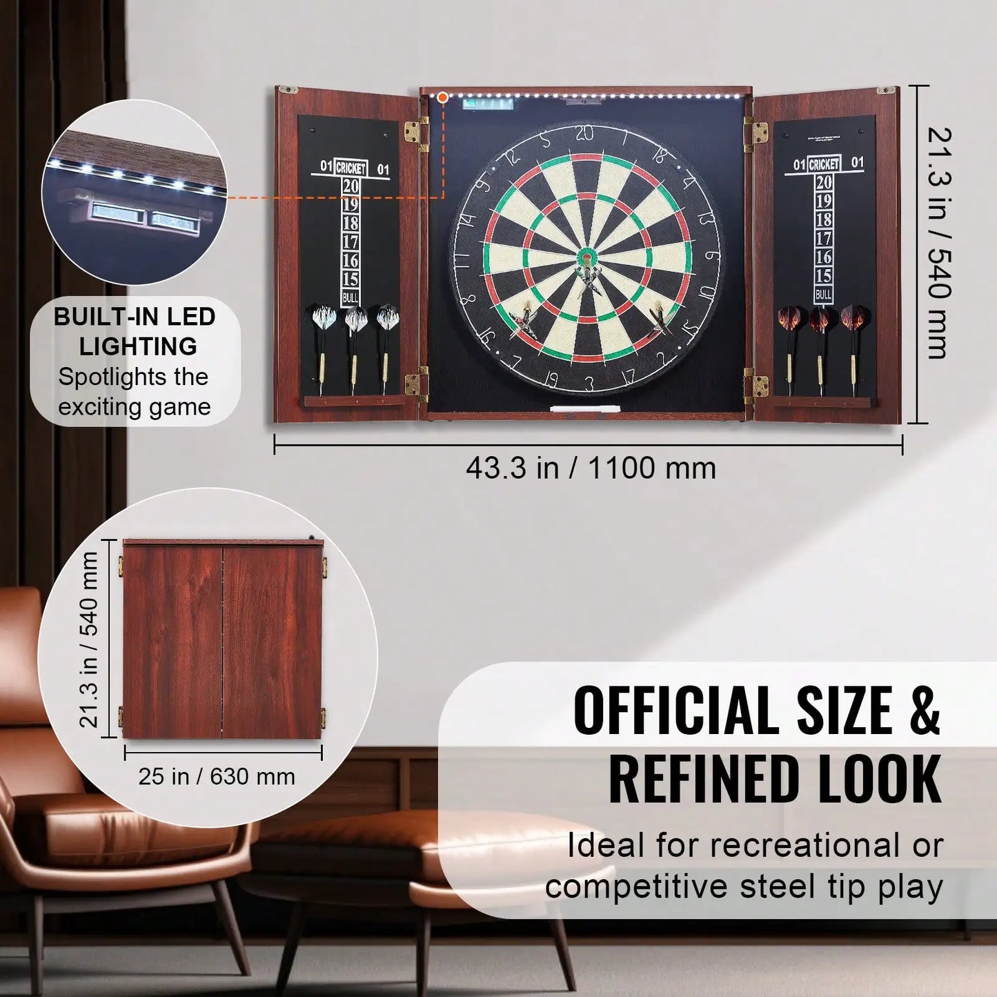 Dartboard And Cabinet Set, Ready-To-Play Bundle Official Size Dartboard Cabinet, Steel Tip Dart Hideaway Cabinet, F - Image 2